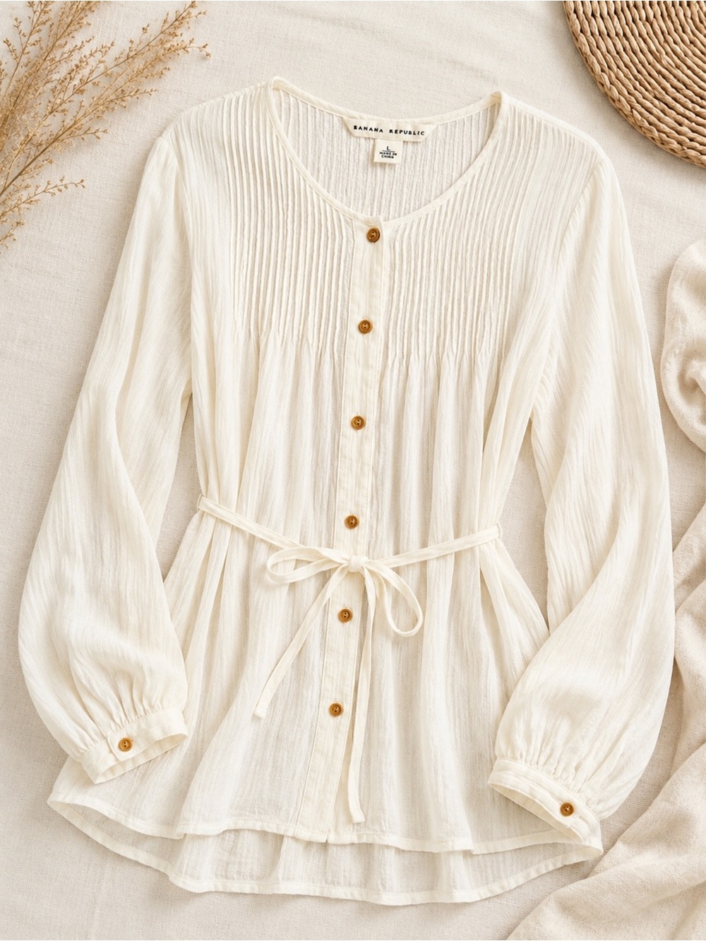 Banana Republic Cream Pleated Blouse w/ Waist Tie Boho Cottagecore Size Large